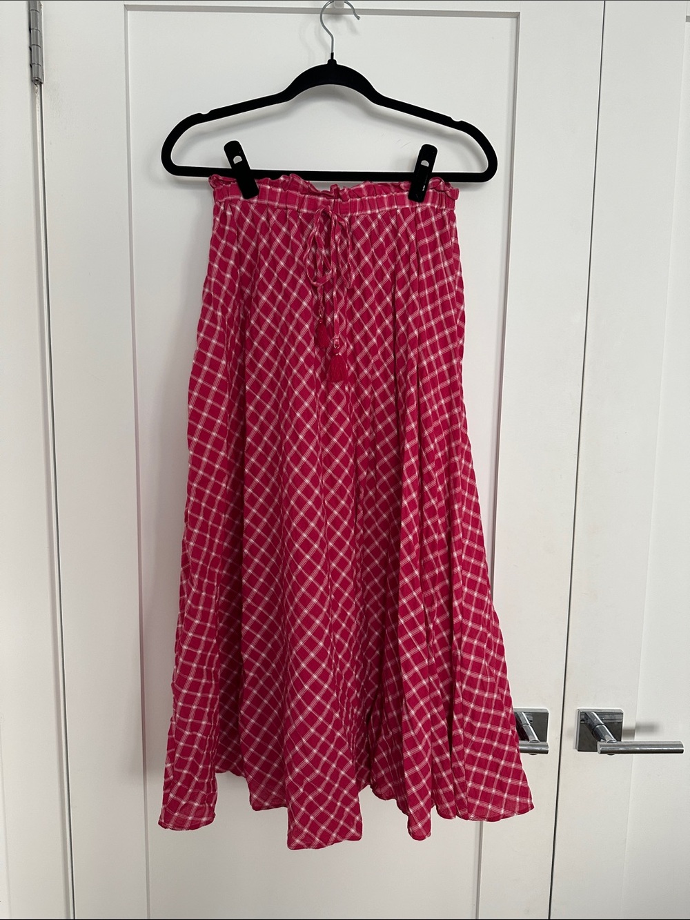 Zara Hot Pink Checked Midi Skirt with Tie Waist